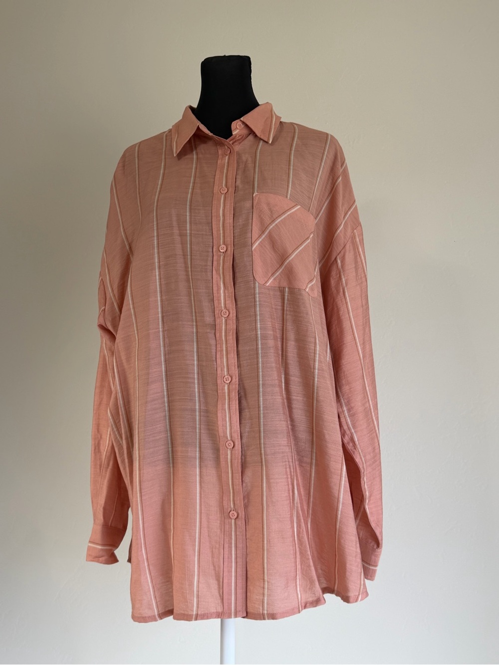 Express Boyfriend Fit Button Up Striped Dust Pink Oversized Shirt Top Wm L